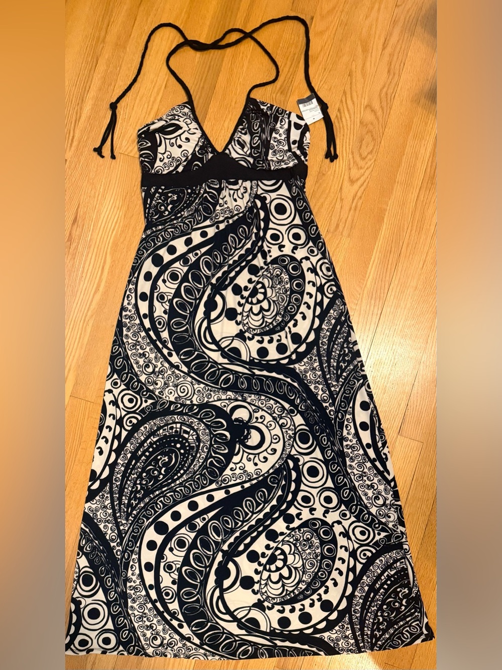 NWT Bisou Bisou Maxi Dress Size 12 Black White Paisley Braided Halter